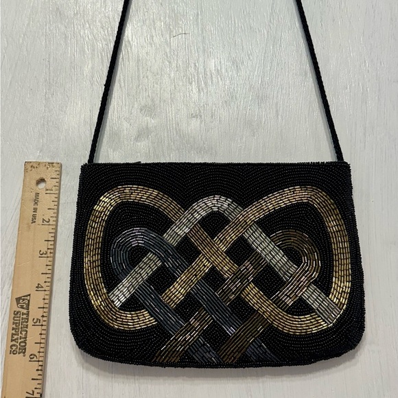 Vintage Beaded Evening Bag Black Gold Silver Knot Pattern China Purse - Picture 4 of 8
